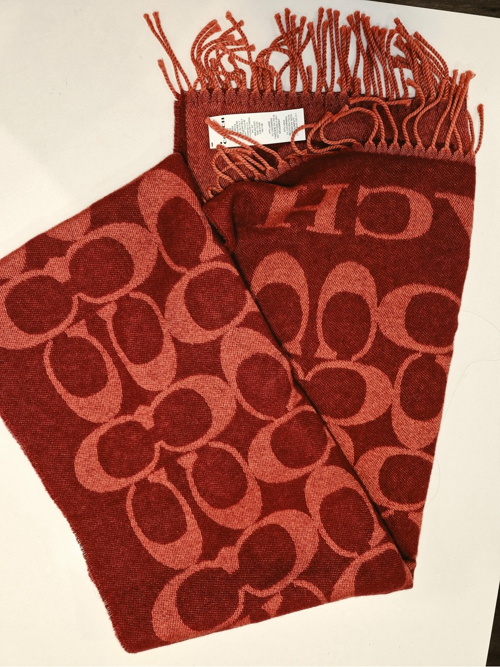 Coach Red Signature Jacquard Fringe Scarf